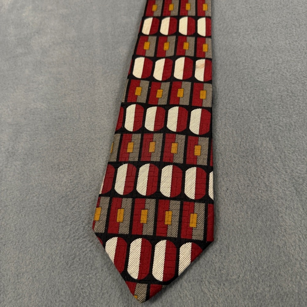 Roundtree & Yorke Mens Silk Tie Geometric Burgundy Red Gold Hand Printed Italy